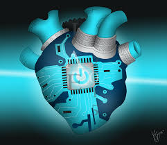 An artistic rendition of a blue heart made of robotic parts